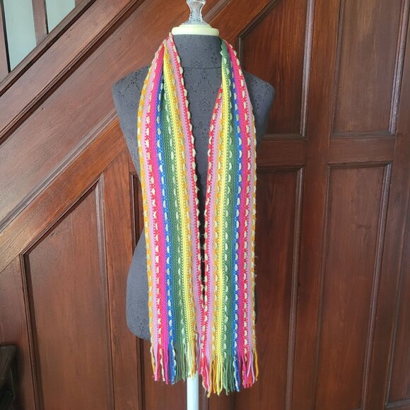 Colorful Hand-Knitted Scarf With Fringe Ends - Picture 1 of 3